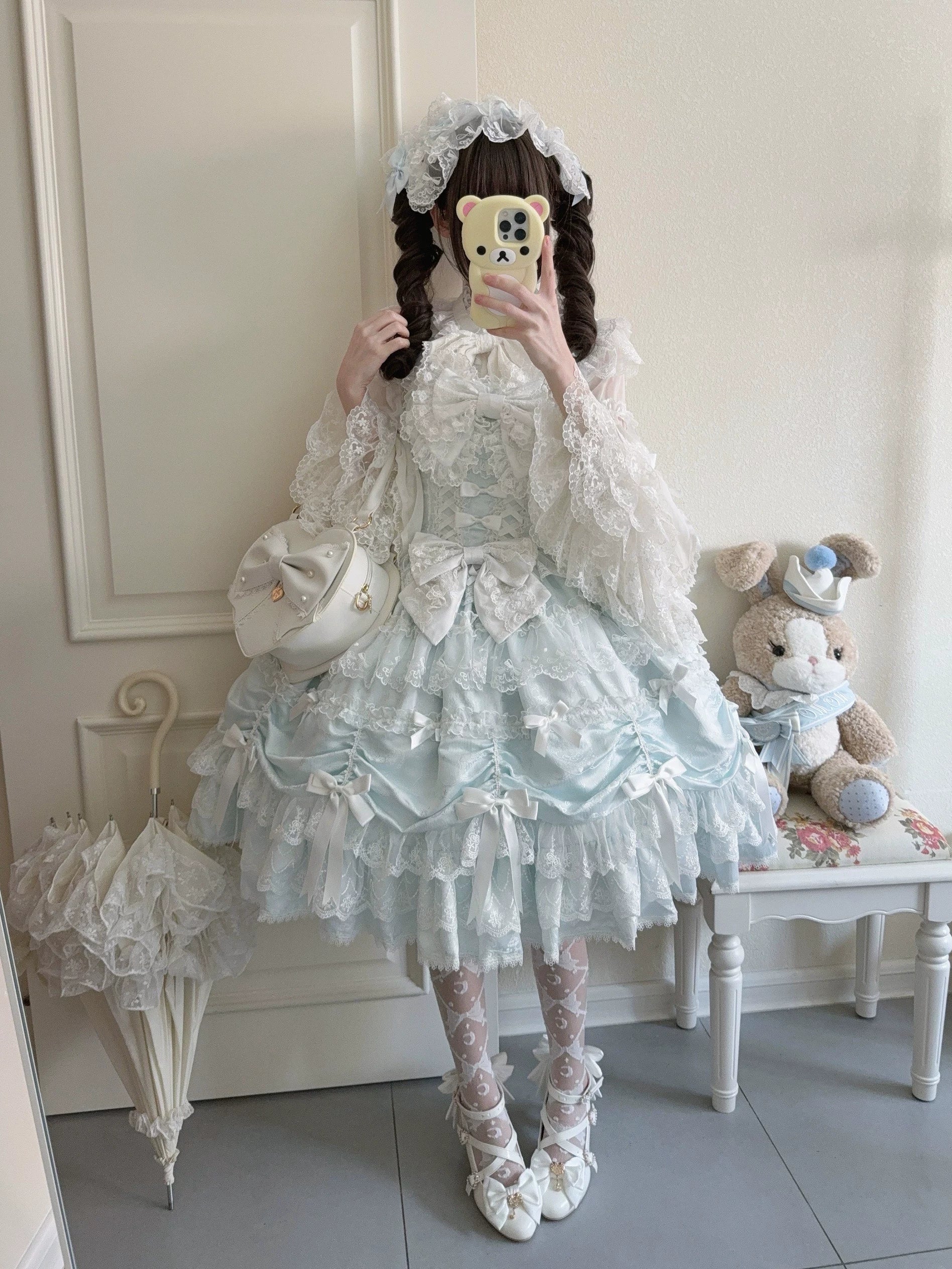 Satin Gift Box - Sweet Lolita JSK Dress, Bows and Layered Lace Blue JSK + Back Trailing Bow + Hairband S