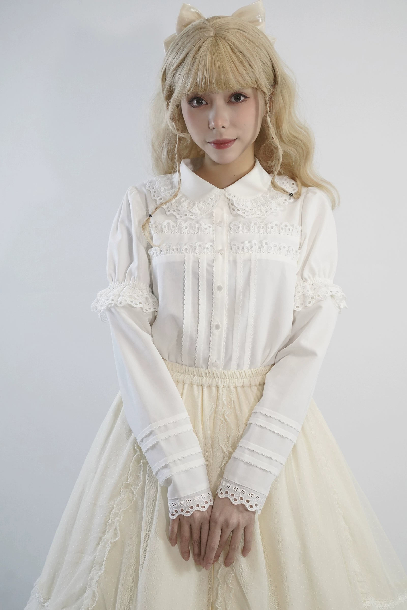 Little Dipper - Cherry Xiaobei - Daily Lolita Splicing Sleeve Lace Shirt S off-white with splicing sleeves