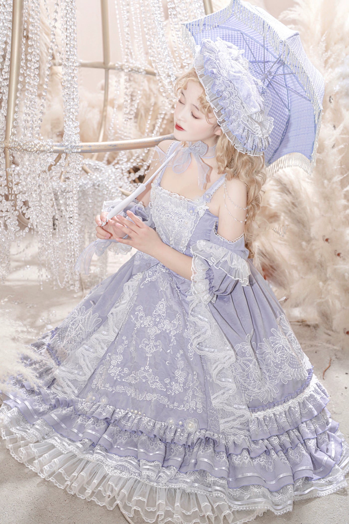 Two Rural Cats~Diamond Stardust~Wedding Lolita Gorgeous Bridal Embroidery Purple Dress Set   