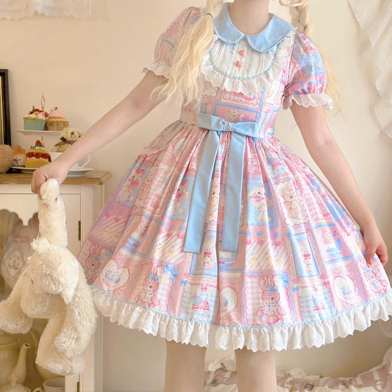 Hanguliang - Sweet Bunny Bear - Sweet Lolita Dress Long Sleeve Winter Lolita OP M Pink OP