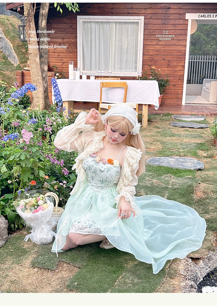 Yingtang - Plus Size Lolita JSK Dress Green Floral Lolita Dress Caidigan Set