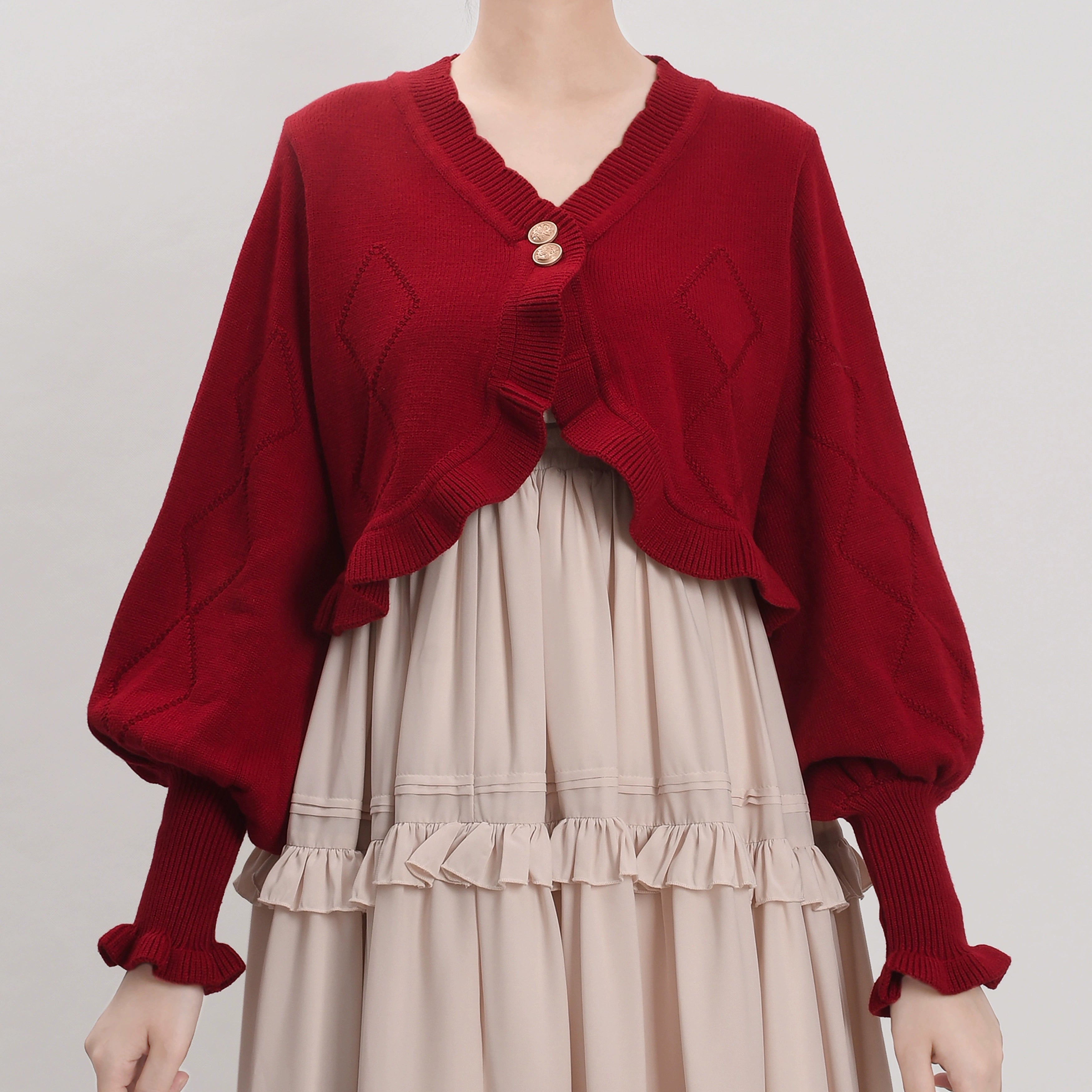 MIST - Cookie - Vintage Lolita Cardigan, Short Sweater (L M S / Burgundy) 31538:369568