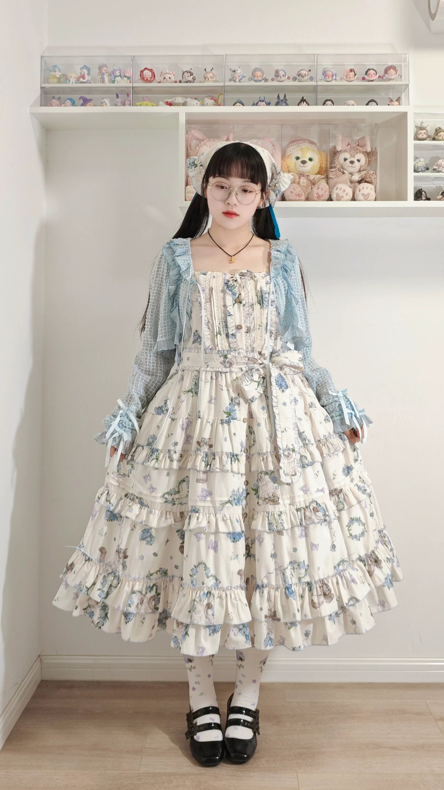 Meow Wreath - Classic Lolita Button Closure JSK Dress, Cat and Wreath Print