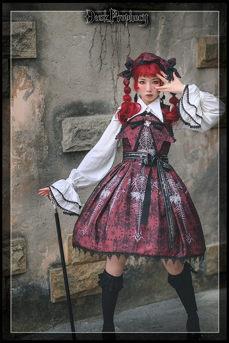 DuskProphecy - Coccyx - Elegant Lolita Dress High Waist Fishbone Print JSK Set 34722:466410