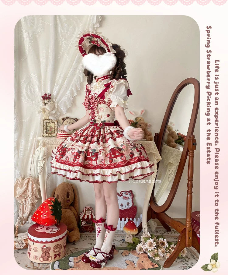 Strawberry Garden - Sweet Lolita JSK & OP Dress, Strawberry Print 44455:810004