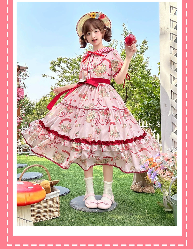 Qianmu - The Bear's Strawberry Field - Daily Lolita OP Dress With Petal Collar & Bear Strawberry Print Pink OP S
