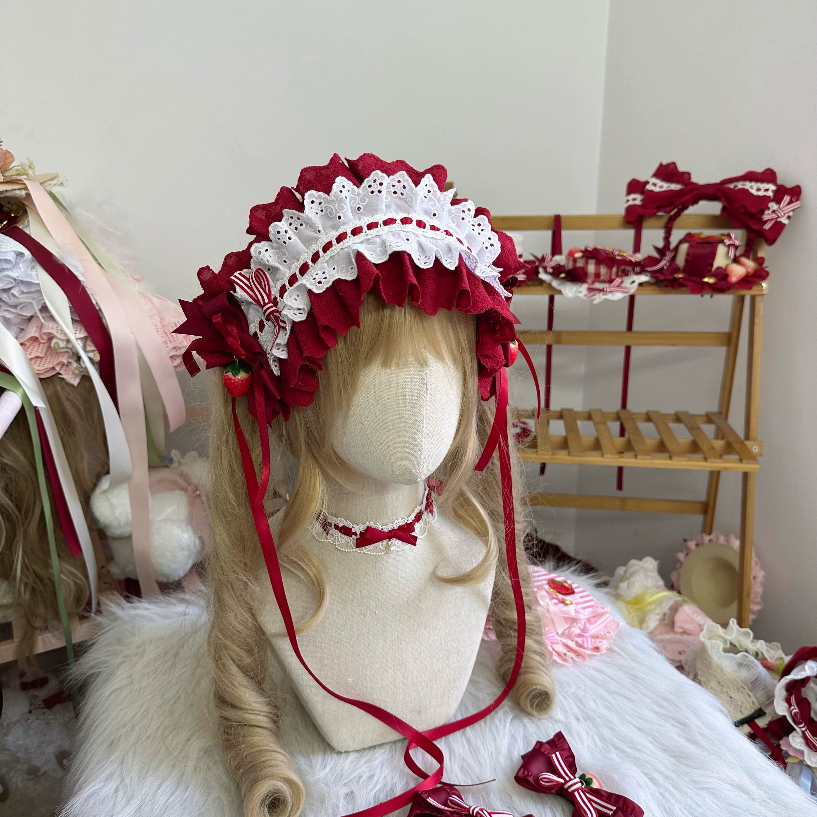 Sweet Lolita Headdresses, Strawberry, Ruffles & Bows Headband Only