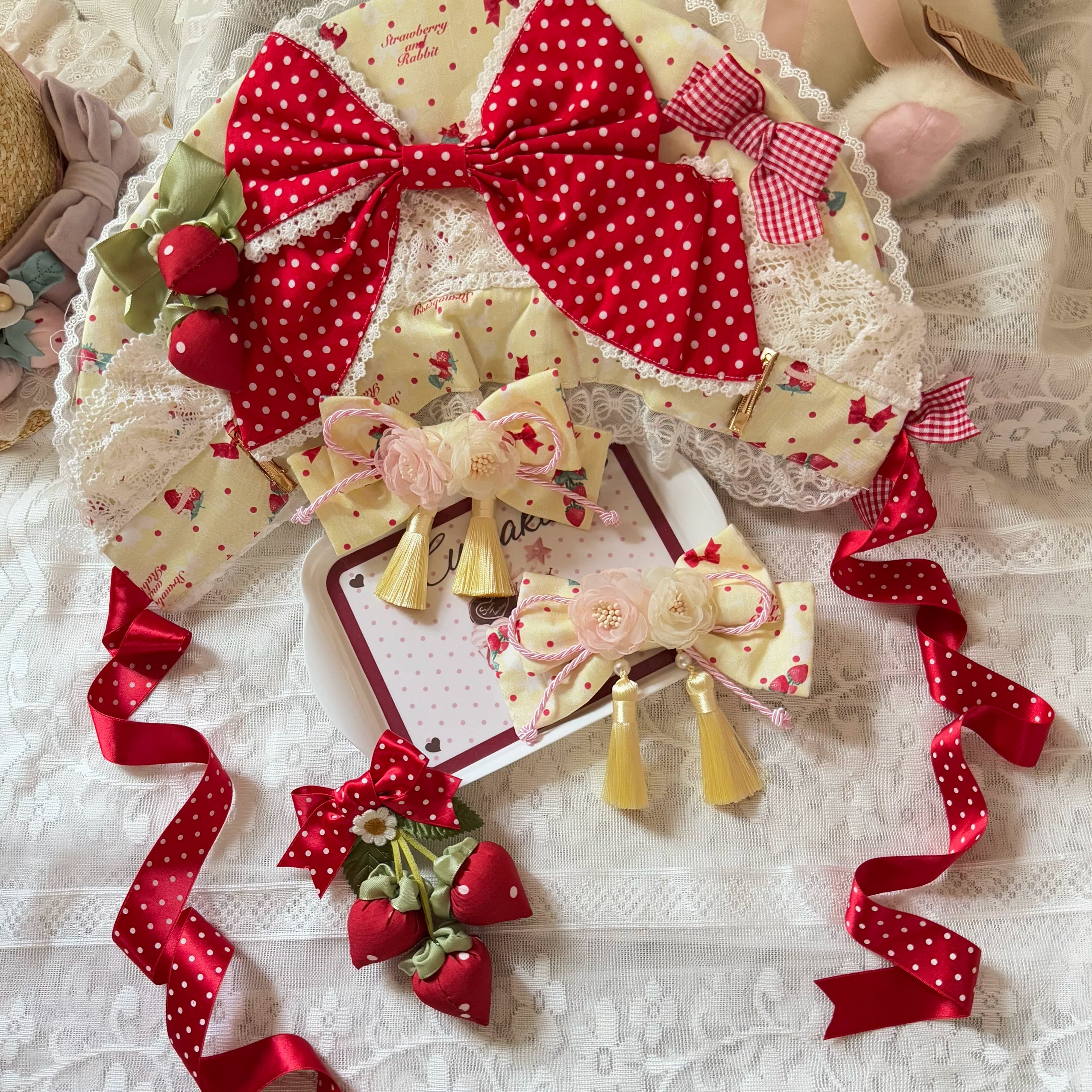 Strawberry Plaid Bunny - Printed Sweet Lolita JSK Dress, Hime Sleeve Blouse Yellow One Size BNT Only