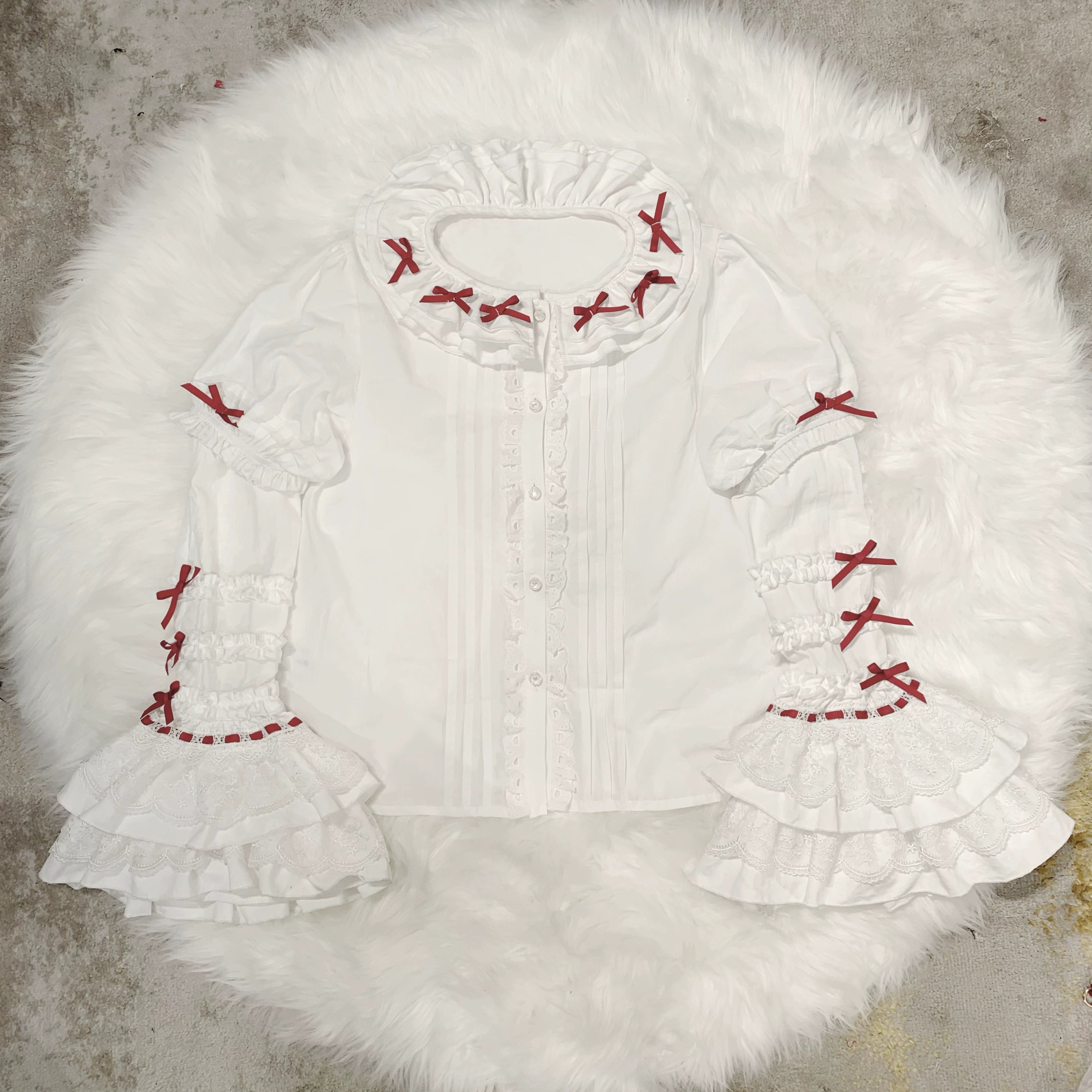 Chubby Cat Diary - Plus Size Sweet Lolita Shirt, Detachable Sleeves White and Red - Shirt + Princess Sleeves S