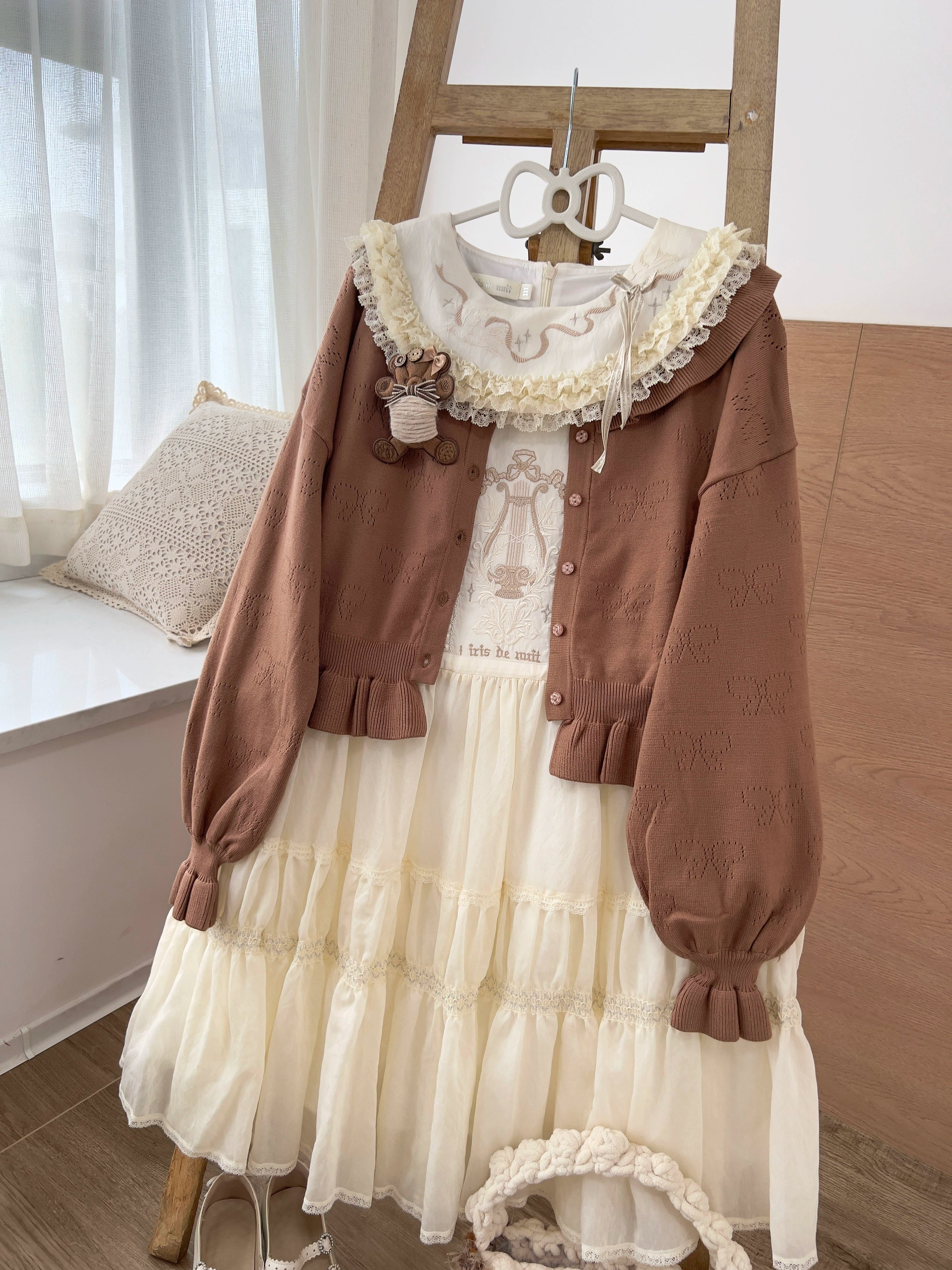 MIST - Vintage Lolita Bow Hollowed-out Sweater Ruffled Cardigan 9910:789444