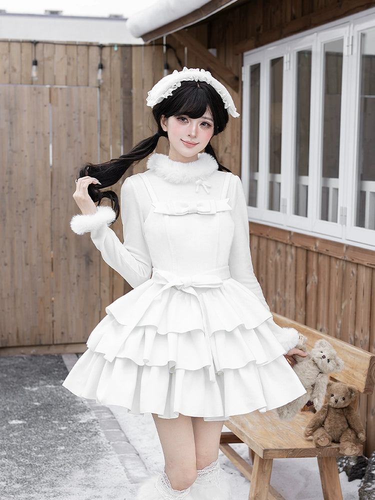 With PUJI - White Chocolate - Winter Elastic Lolita Top with Fuzzy Trims 44259:800850