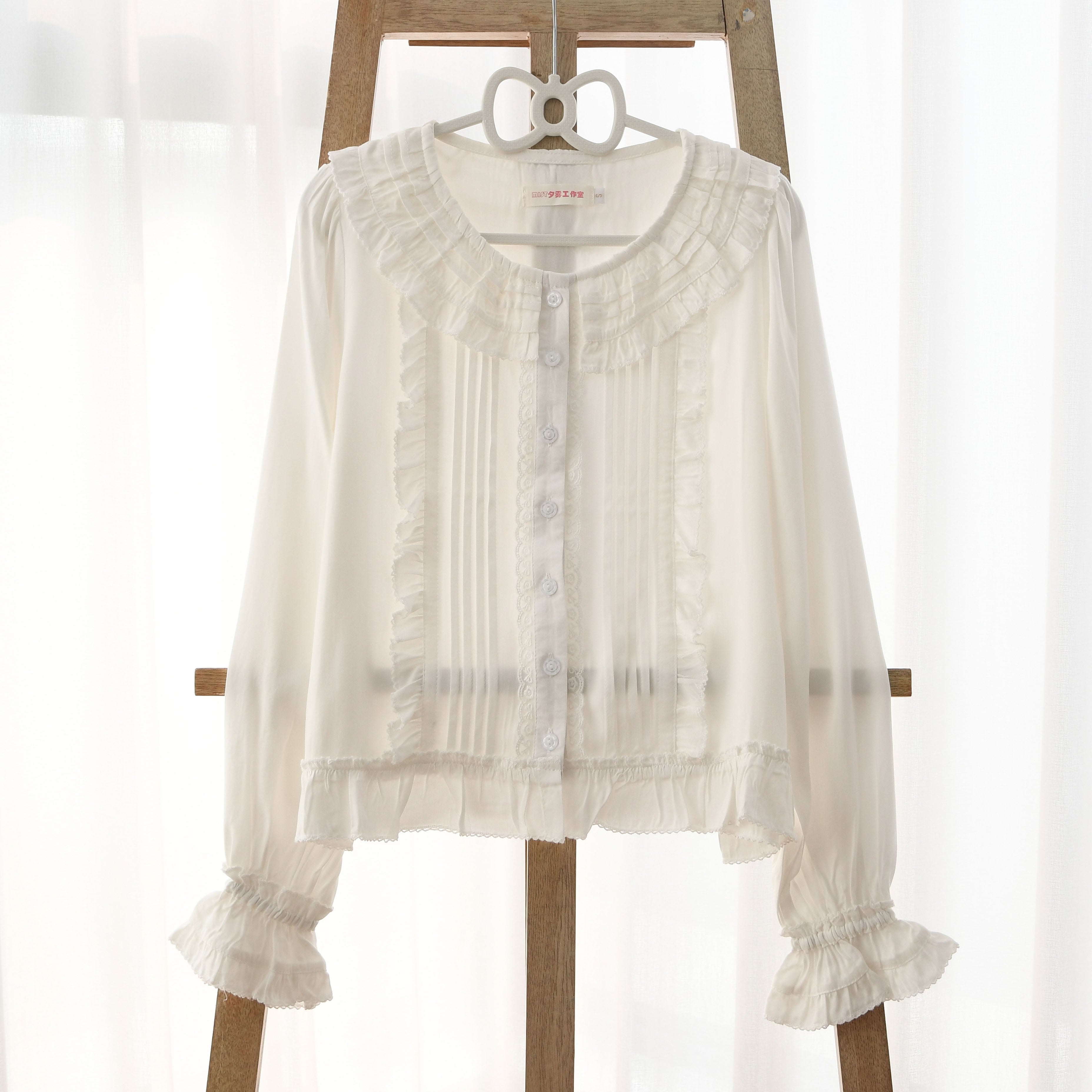 MIST - Wine Drunk Rose - Sweet Cotton Lolita Blouse with Ruffles and Pleats Milky white blouse only S