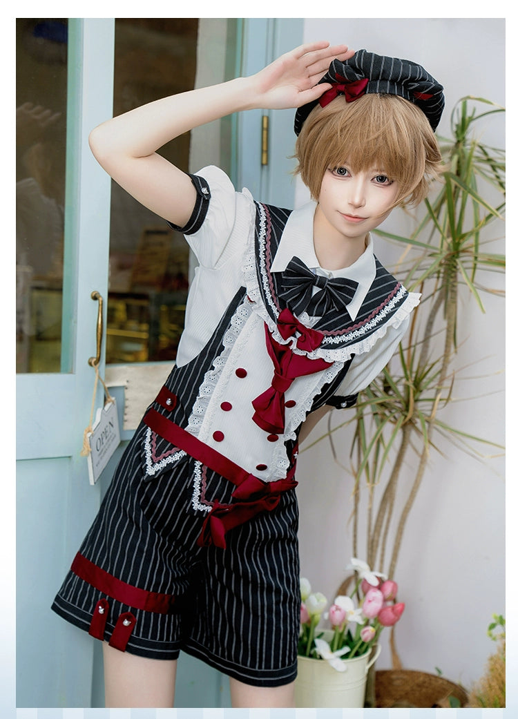 Forest Fluorescent Carps - Small Animal Team - Ouji Lolita Suit Male Lolita Shirt Shorts S Black (overalls + false collar)