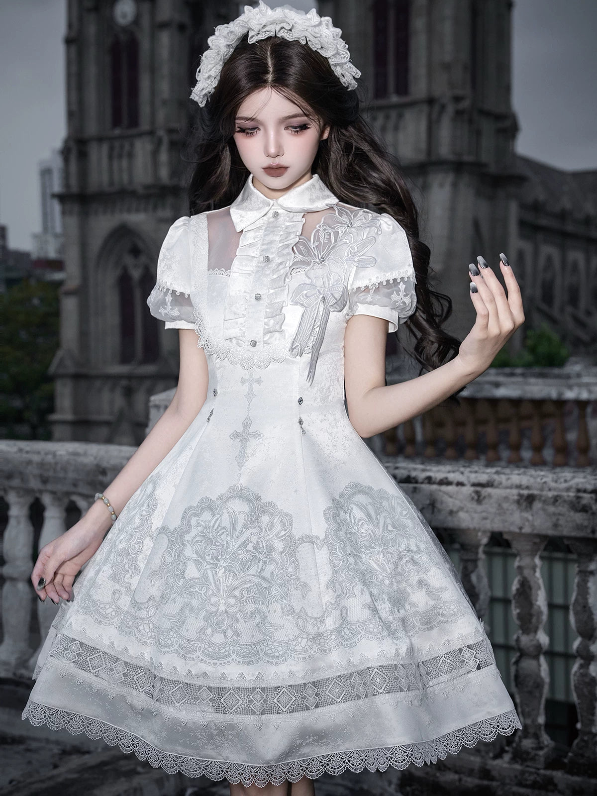 White Classic Lolita Printed OP Dress with Cross White OP S