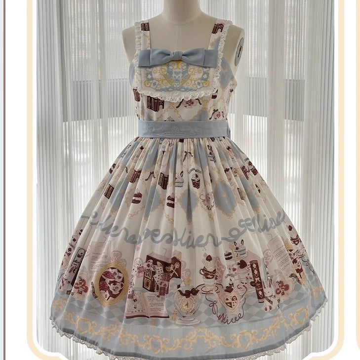 Sweet Dream Sheep - Alice Cat - Printed Kawaii Lolita Dress Blue JSK + Waist Tie S