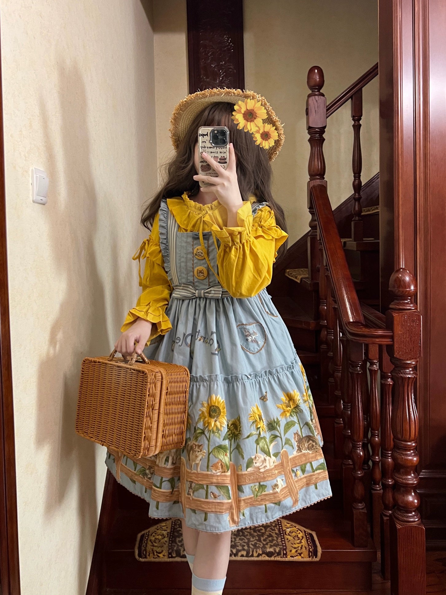 Polaris Lolita - Cat and Sunflower - Sweet Lolita JSK Cat and Sunflower Print Dress and Headdress Set