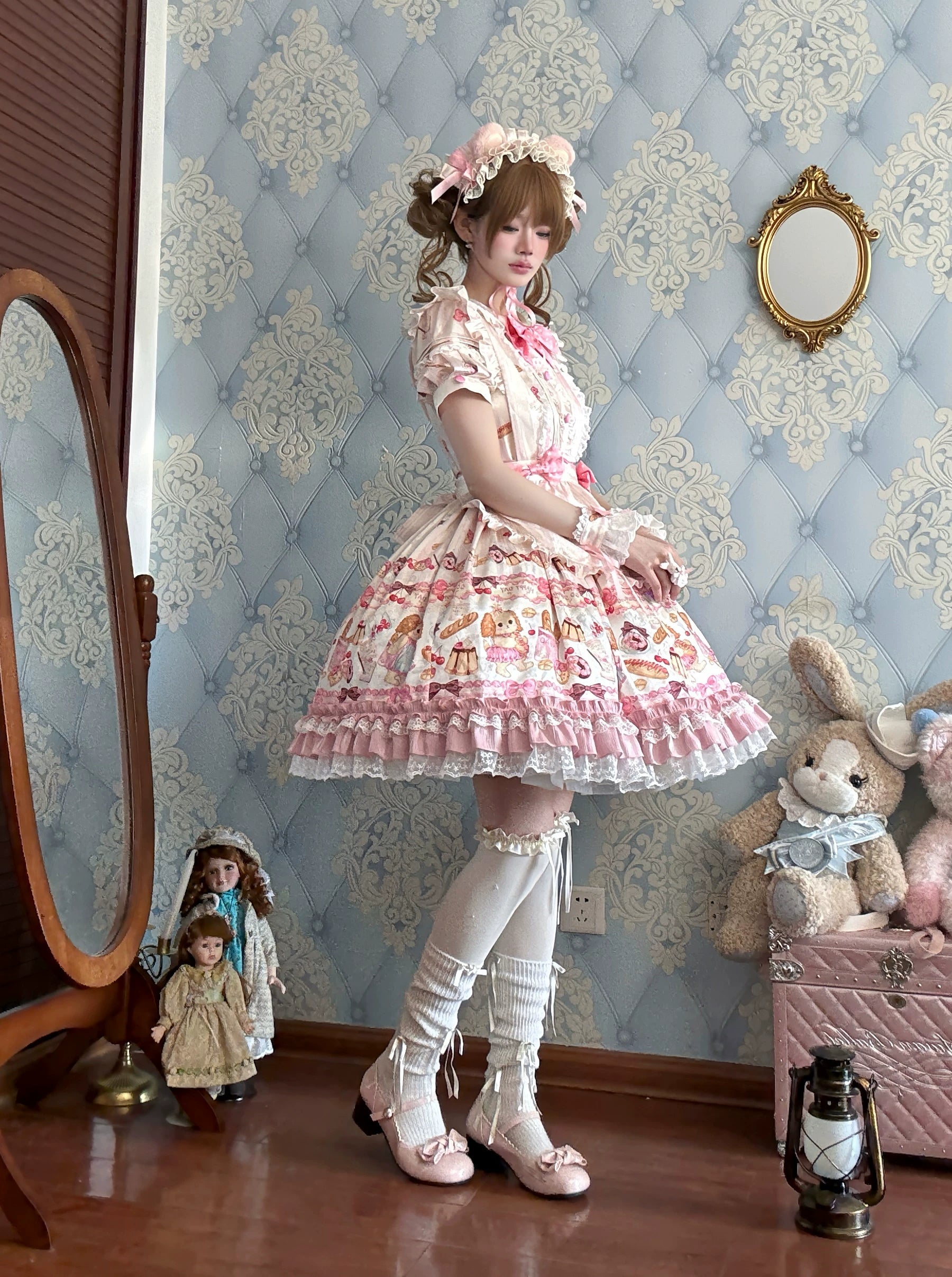 Full Sugar Bakery - Sweet Lolita Puppy Dessert Print OP Dress with Bows