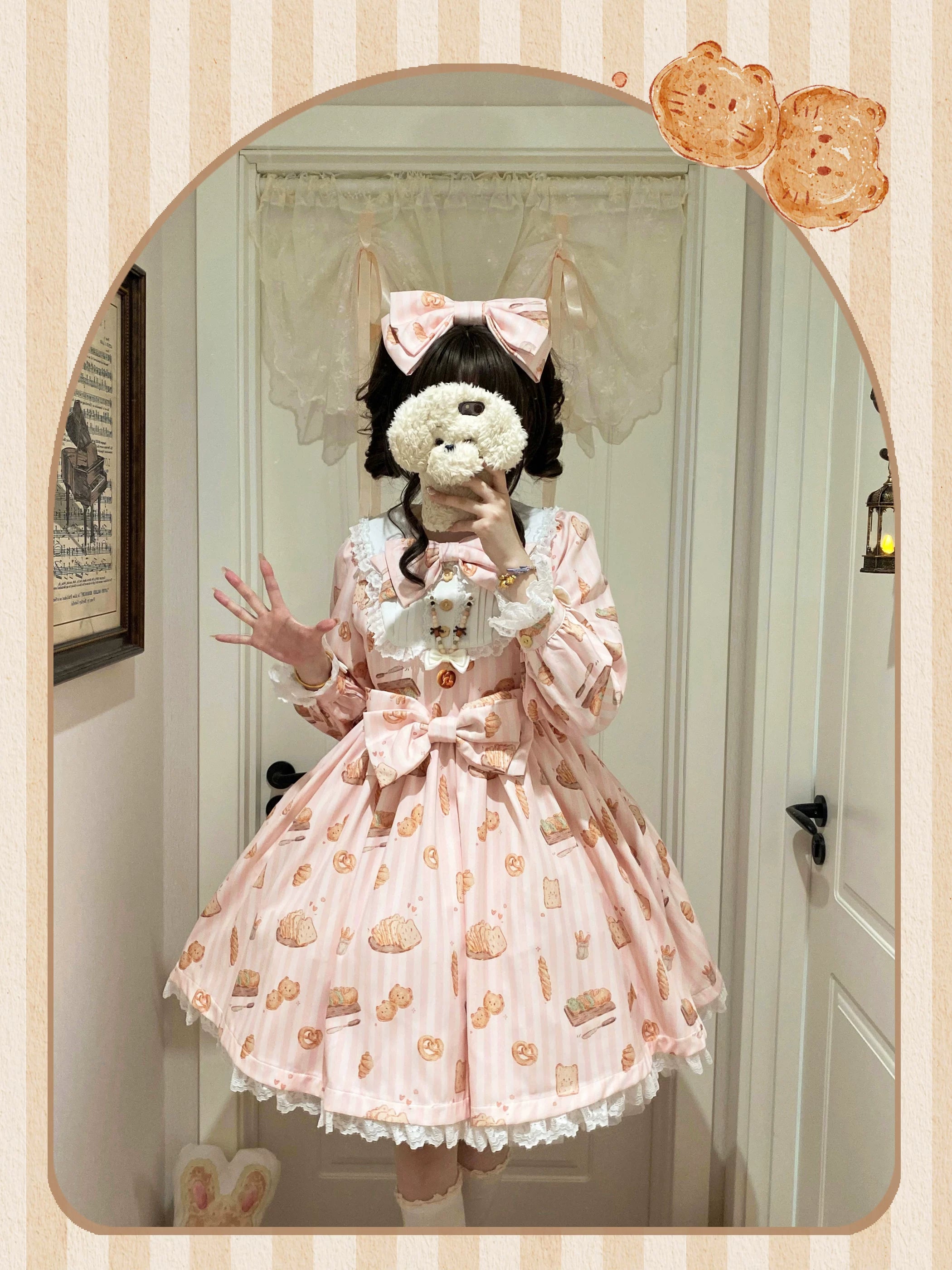 Kitten Bread - Sweet Lolita OP Dress, Cat & Bread Print