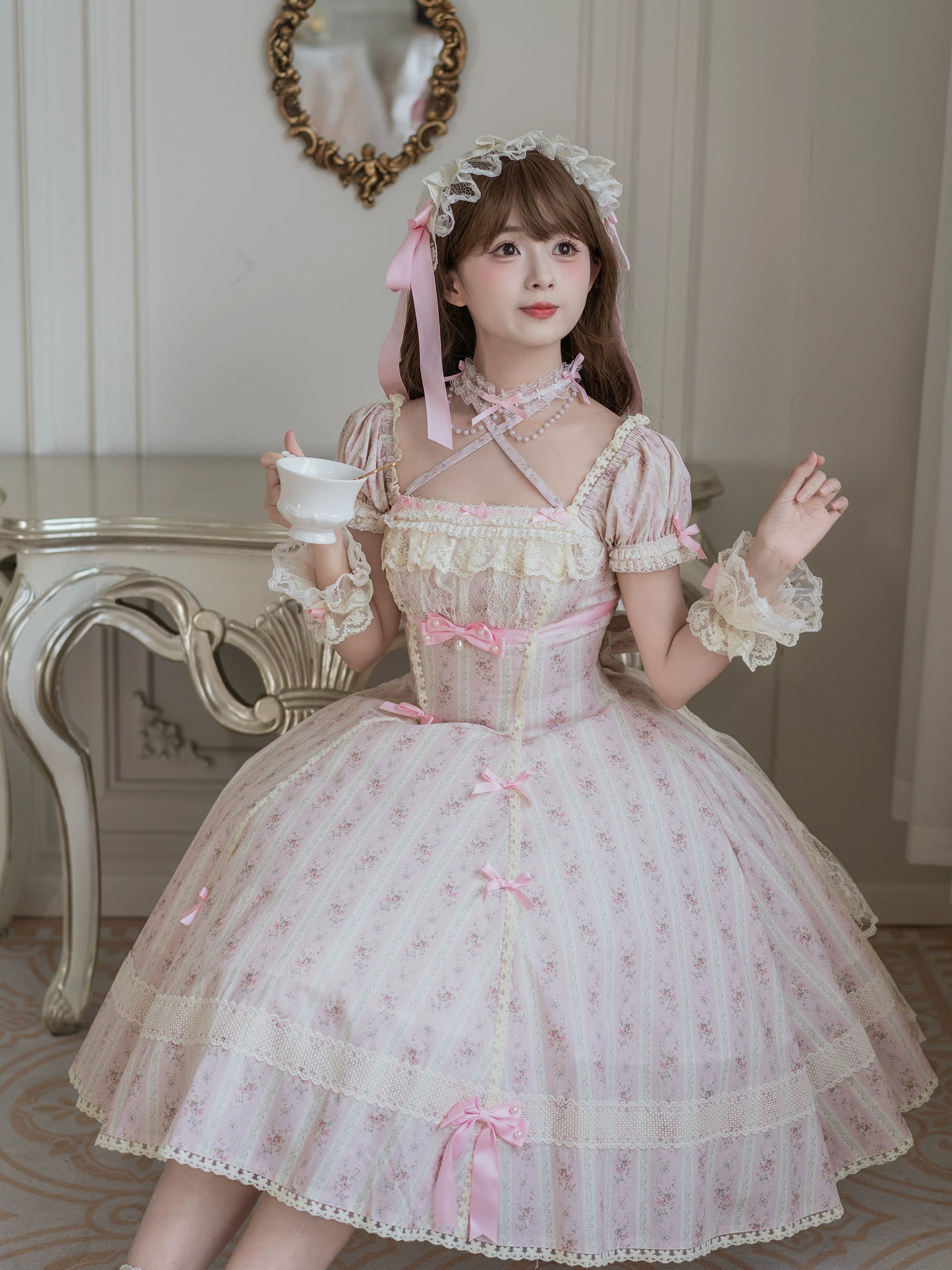 Garden Encounter of Three Springs - Cotton Old School Lolita Floral Print OP, Lace Back Opening 45674:858614