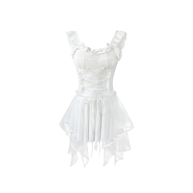Your Princess - White Lolita Inspired Swimsuit with Pearls and Tulle Overlay