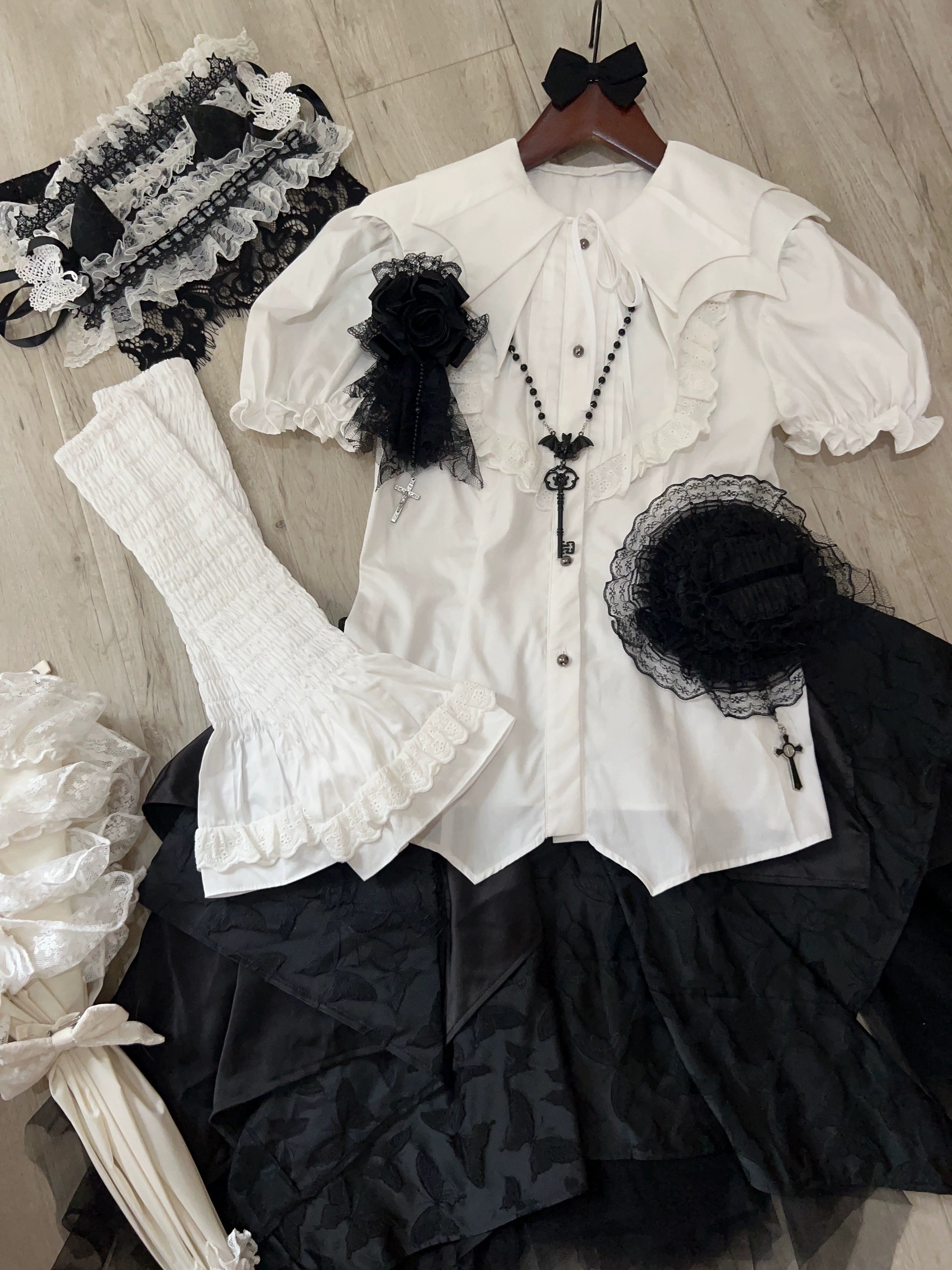Gazing Galactic - Dusk Melody - Gothic Lolita Bat Shaped Collar Shirt, Detachable Jabot 44089:795692