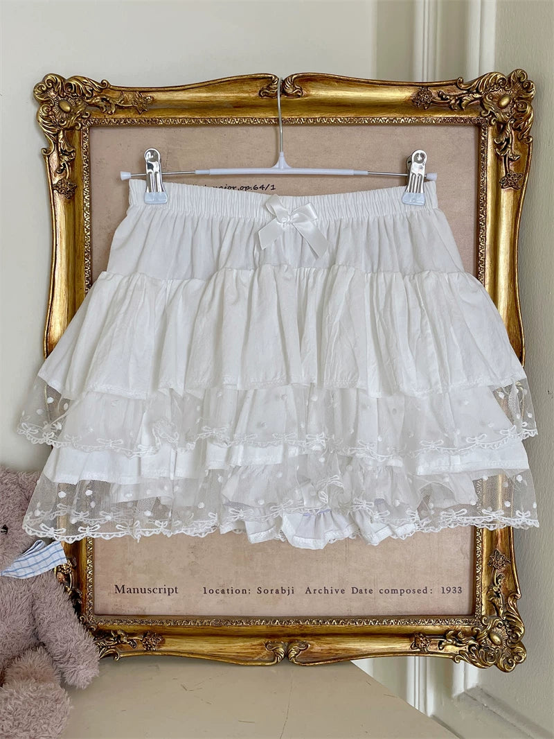 Sweet Lolita Cotton Bloomers, Lace Polka Dot Hem White One Size
