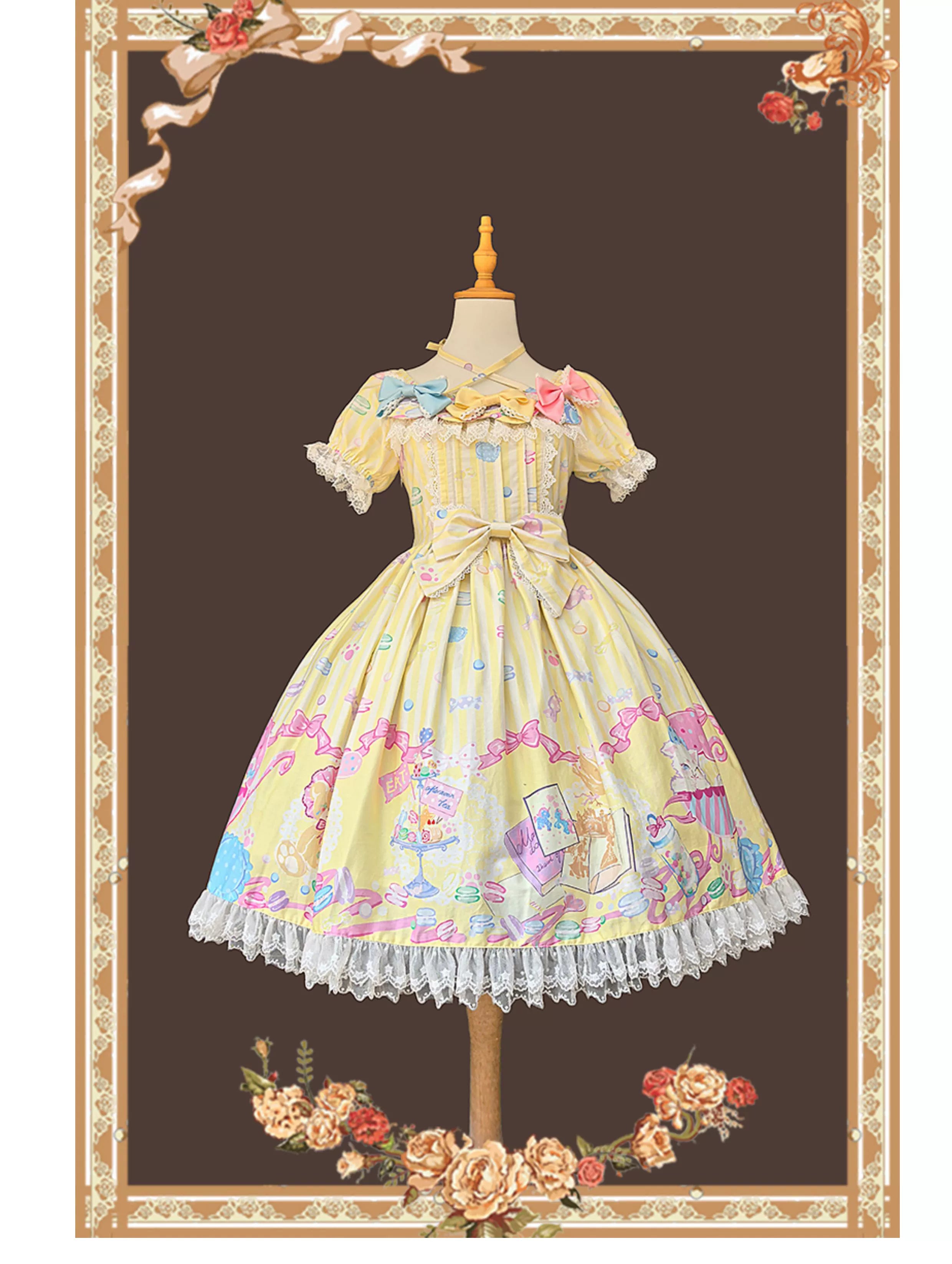 Infanta - Macaron Dolly House - Sweet Lolita OP Printed Dress, Side Zipper Yellow OP Only S