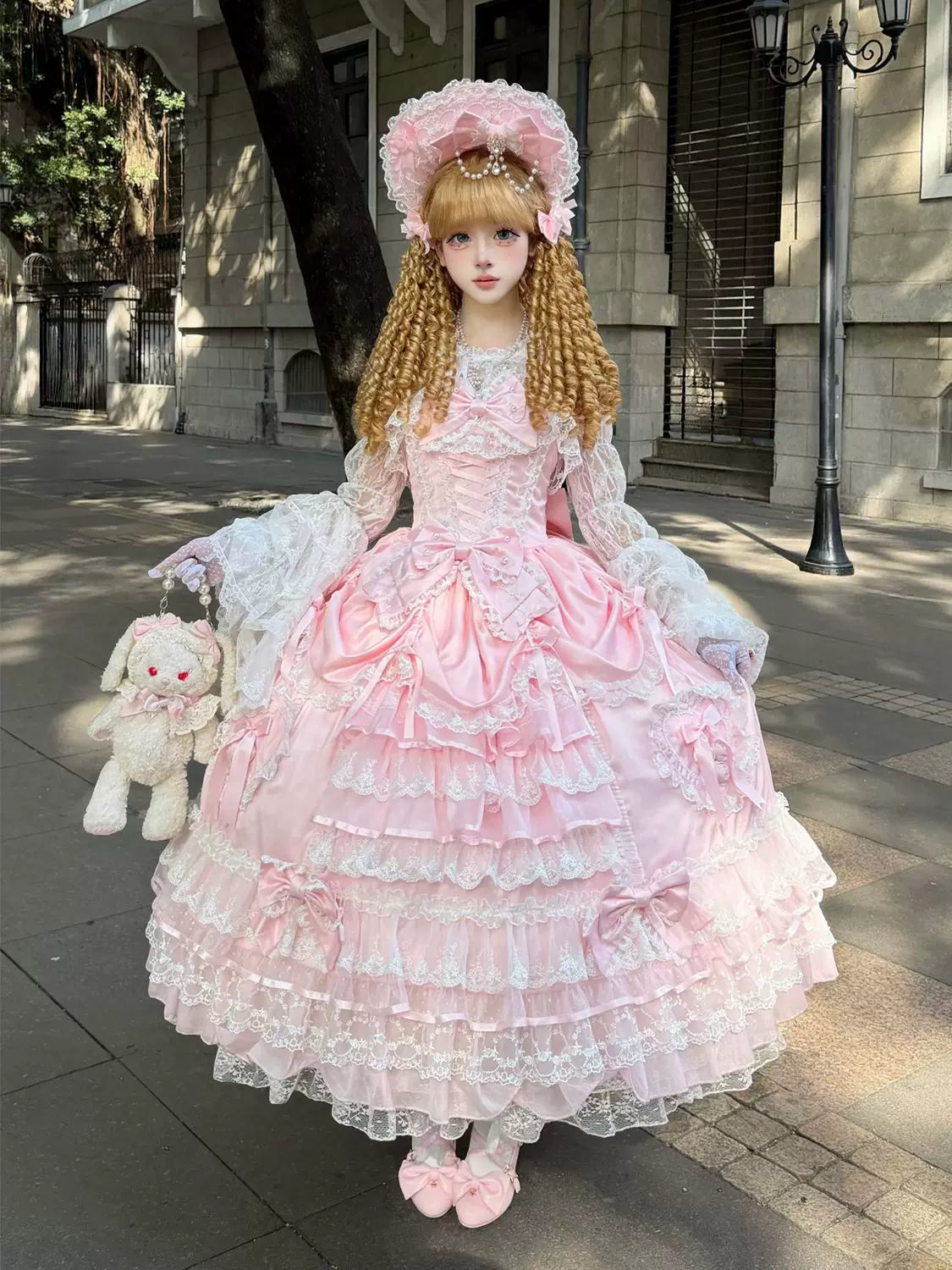 Drapery Poem - Sweet Wedding Lolita JSK Dress, Long Tiered Skirt Pink - JSK + Back Trailing Bow + BNT (without choker) S