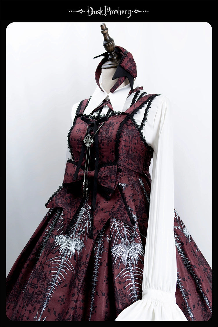 DuskProphecy - Coccyx - Elegant Lolita Dress High Waist Fishbone Print JSK Set 34722:466454