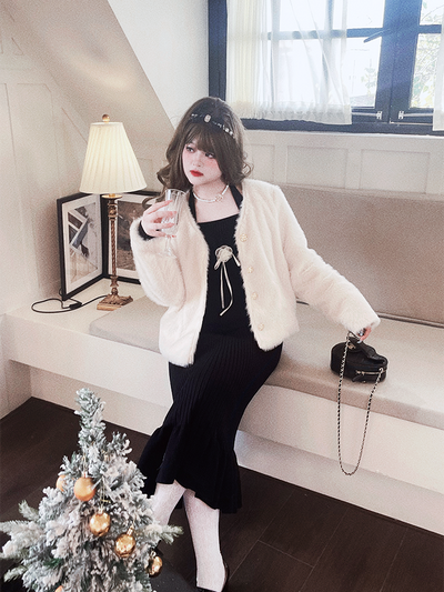Yingtang~Sweet Lolita Coat Knitted Dress Set Plus Size XL beige coat 