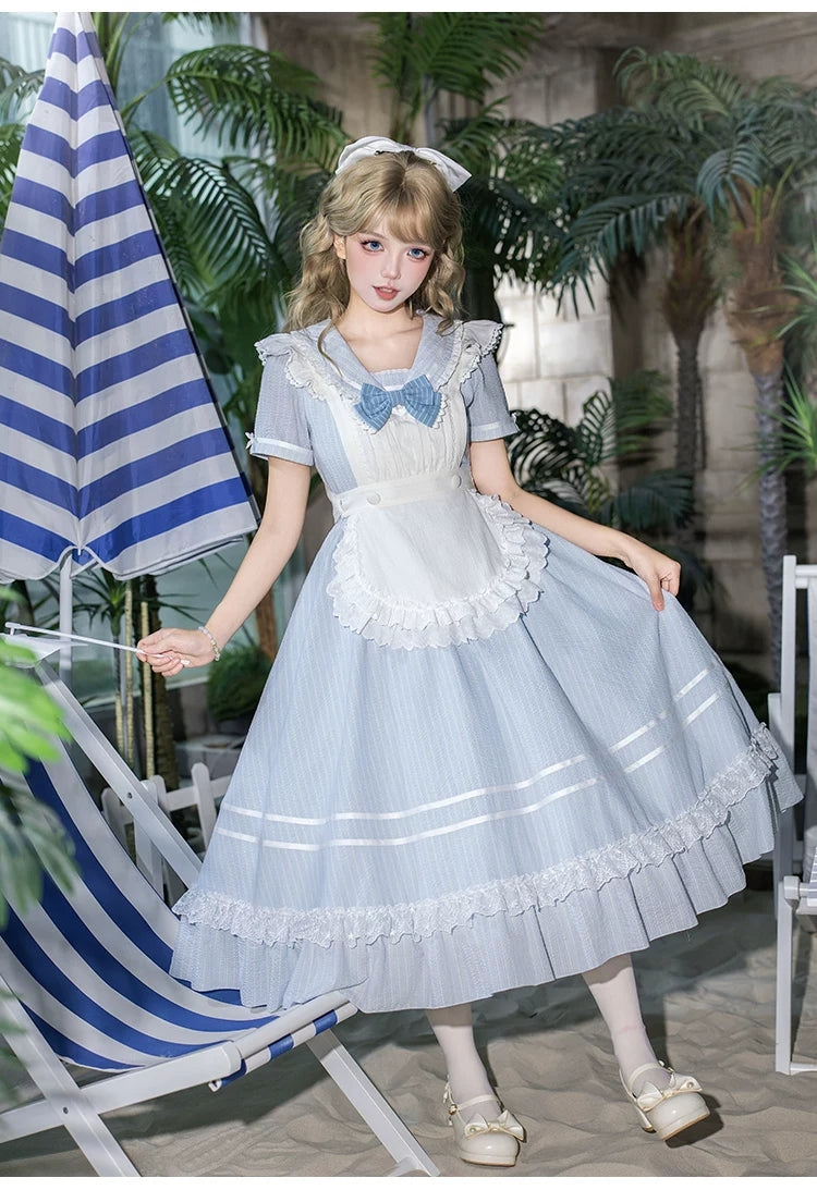 Seven-Day Bell - Blue Classic Lolita Striped OP Dress, Sailor Collar 45166:837884