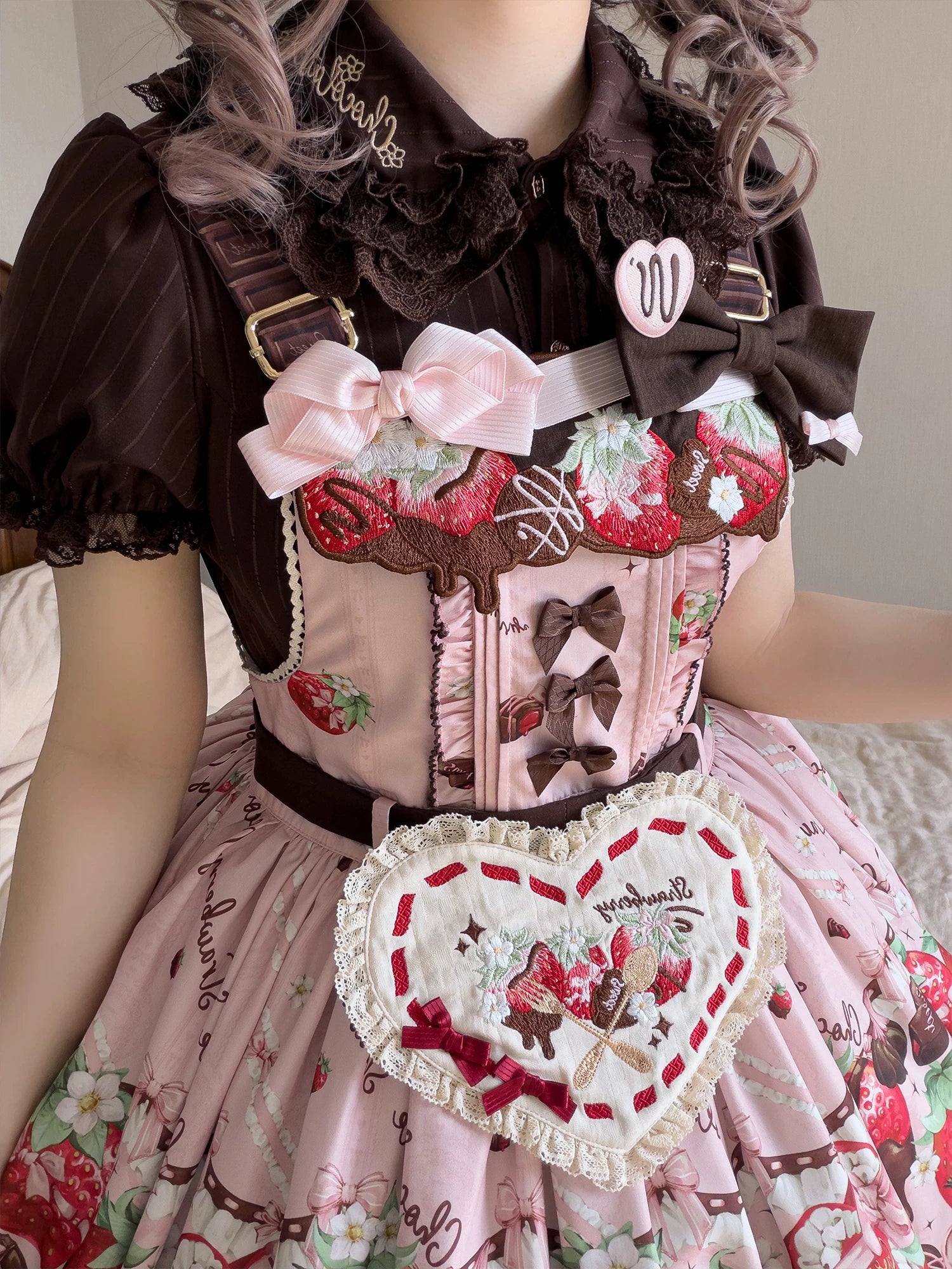 Strawberry Chocolate Lovers - Kawaii Lolita Embroidered Printed Dress 44882:840998
