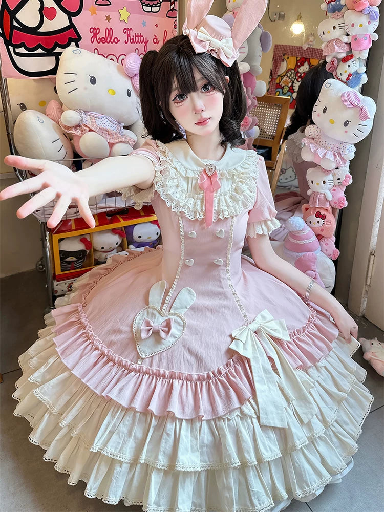 Creamy Bud - Old School Lolita OP Dress, Bunny Ear Heart Accent Pink OP S