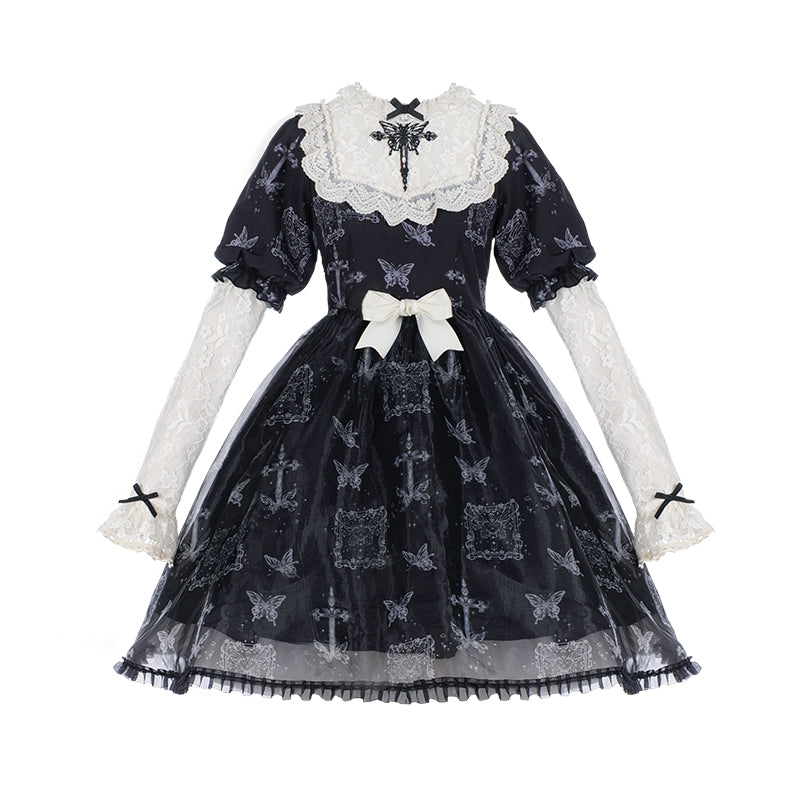 With PUJI - Gothic Butterfly Printing Embroidery Lolita OP S dress+sleeves+bow