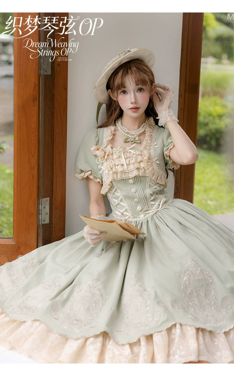 Amber Realm - Dream Strings - Embroidered Classic Lolita OP Dress, Princess Sleeves
