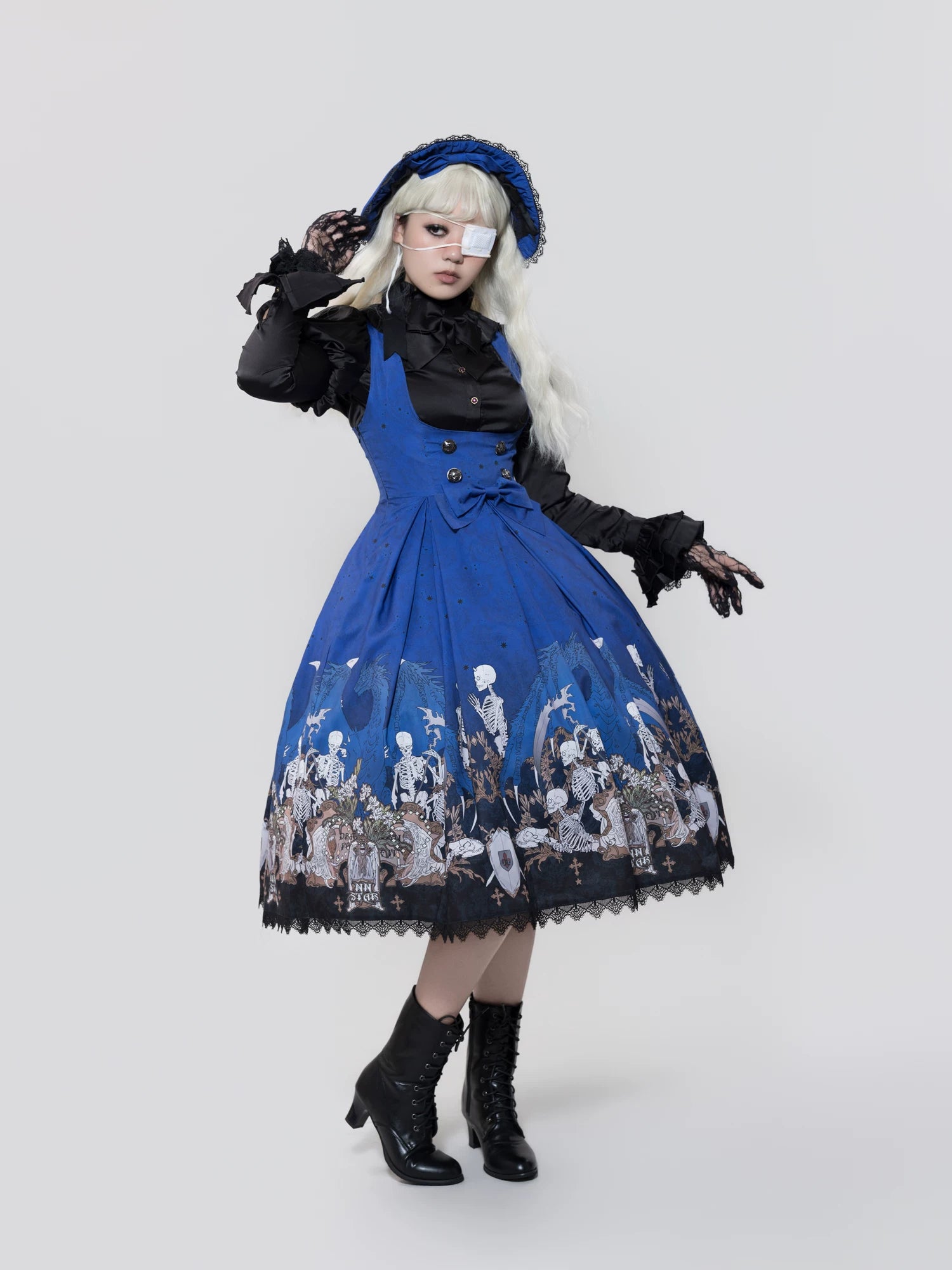 Dragon Bone Lily - Vintage Gothic Lolita Dragon & Skeleton Print JSK Dress