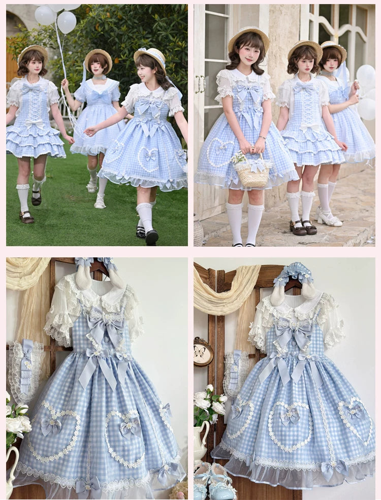 Daisy Cake - Blue Plaid Sweet Lolita JSK Dress, Daisy-trimmed Bows