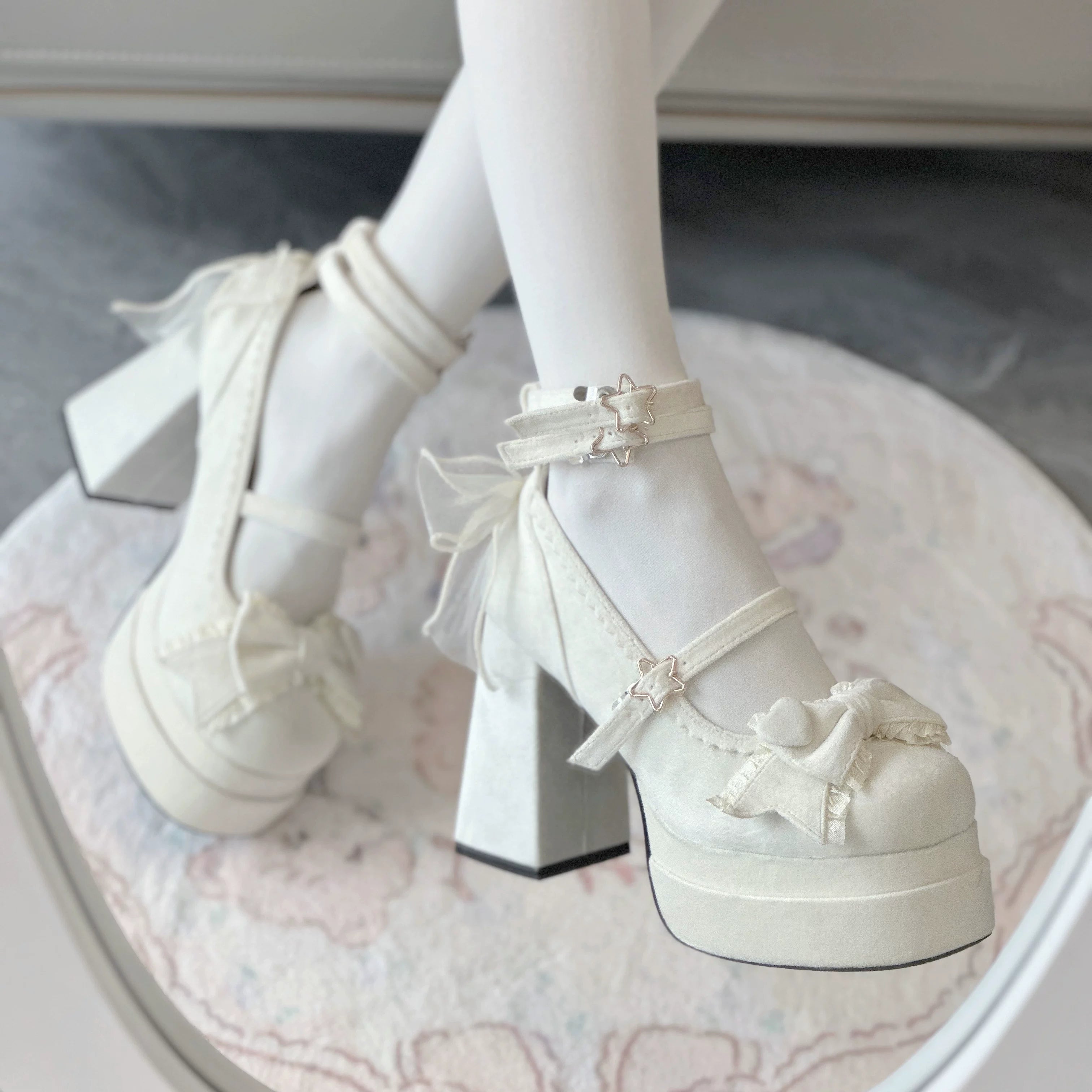 Puff Party - Elegant Lolita Chunky Heel Shoes, Bow & Straps White - Suede Version 34