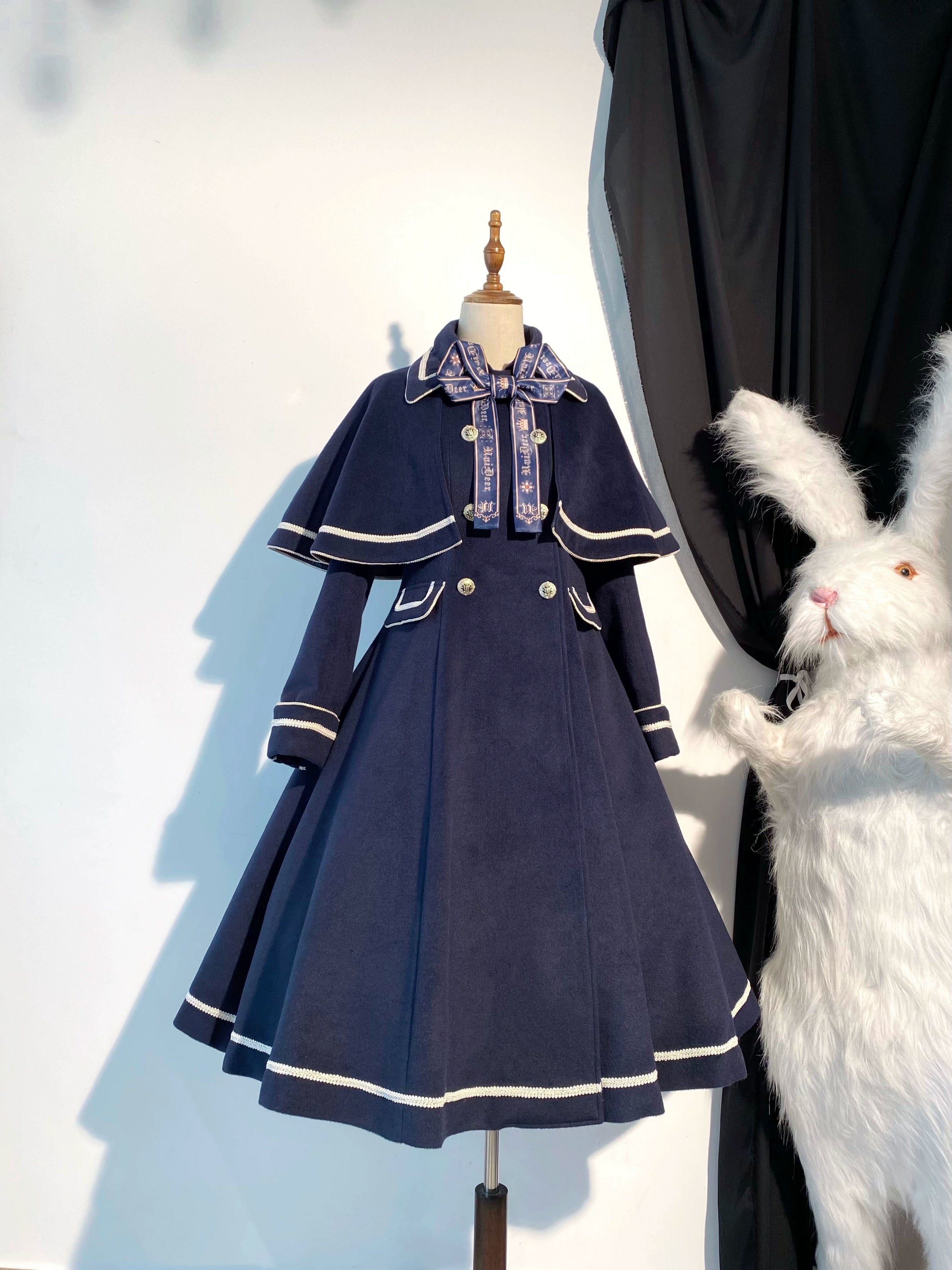 Unideer - Galaxy Traveler - Classic School Lolita Overcoat with Detachable Cape and Bow S Navy blue (In stock)