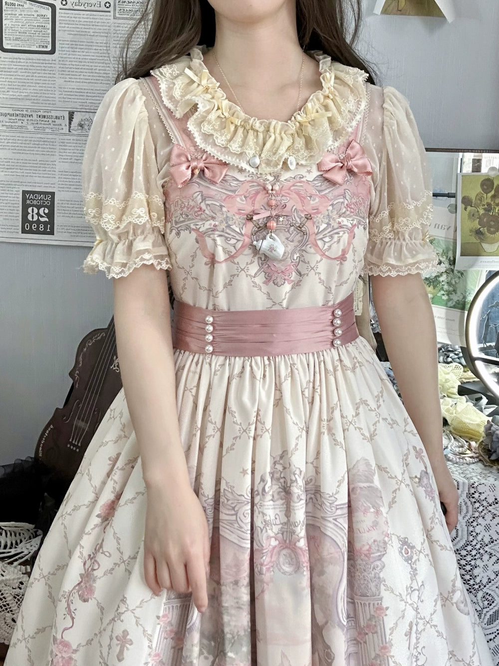 Moon River - Swan Lake Mirror - Pink Sweet Lolita Print JSK Dress 43705:783414