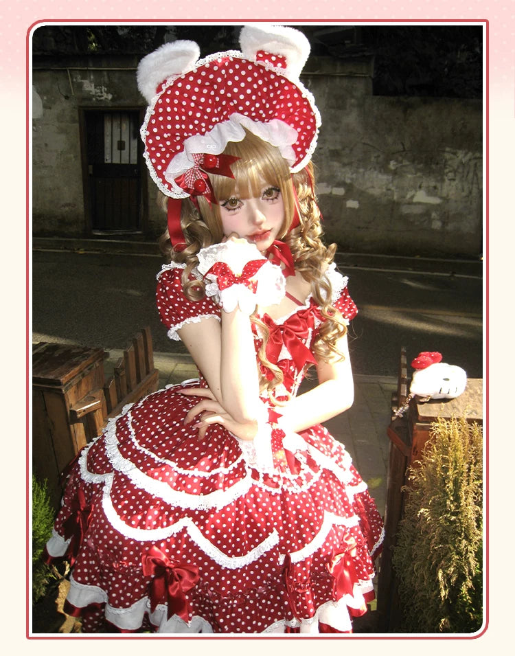 Berry Dew Drops - Red Old School Lolita OP Dress, Polka Dot