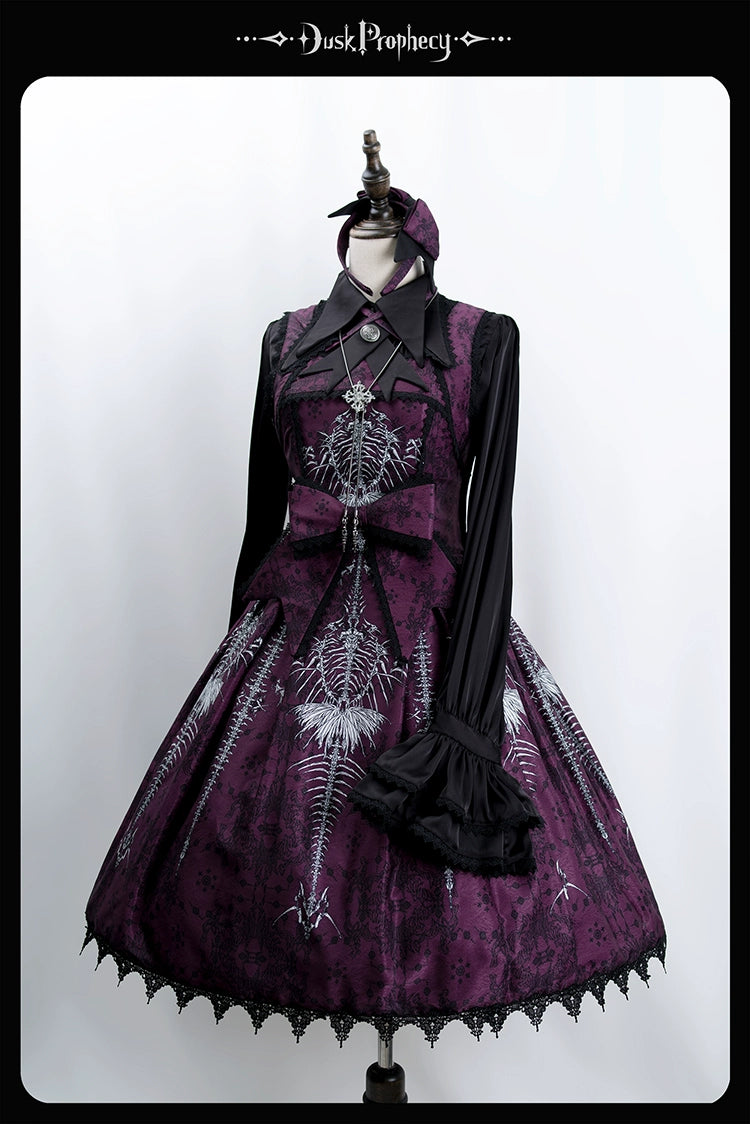 DuskProphecy - Coccyx - Elegant Lolita Dress High Waist Fishbone Print JSK Set 34722:466418