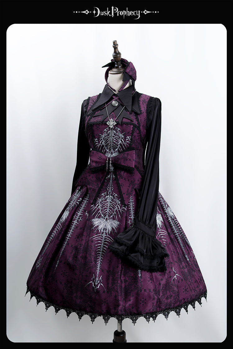 DuskProphecy - Coccyx - Elegant Lolita Dress High Waist Fishbone Print JSK Set (L M S) 34722:466450
