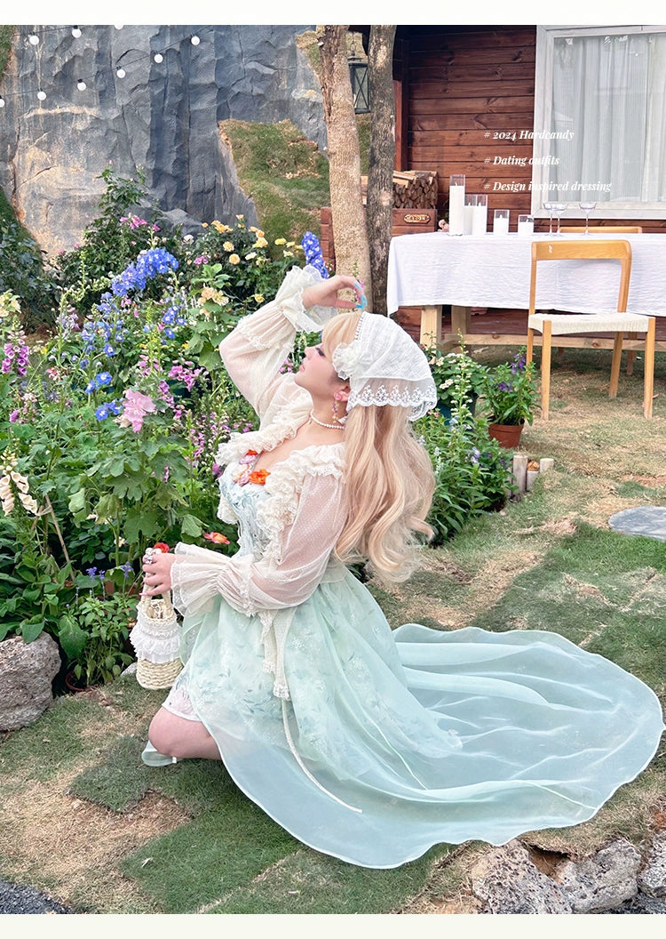 Yingtang - Plus Size Lolita JSK Dress Green Floral Lolita Dress Caidigan Set