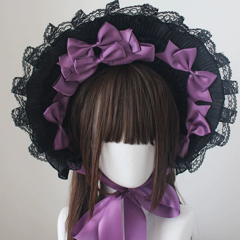 Deer Girl - Gothic Lolita Handmade Bonnet with Bows and Beads dark purple bow-tie style