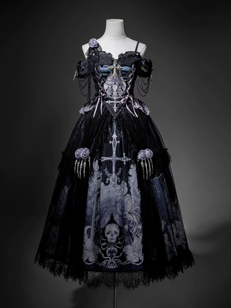 Your Princess - Withered Bone Specter - Gothic Lolita Skirt Set, Rose & Skeleton Hand Decor Top + Skirt S