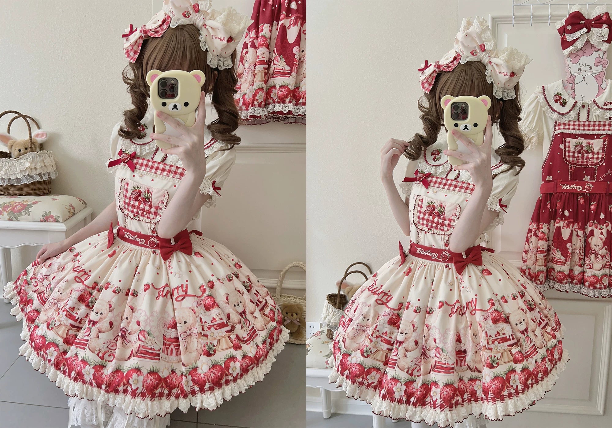 Velvet Strawberry - Sweet Lolita Salopette Dress, Bear & Strawberry Print