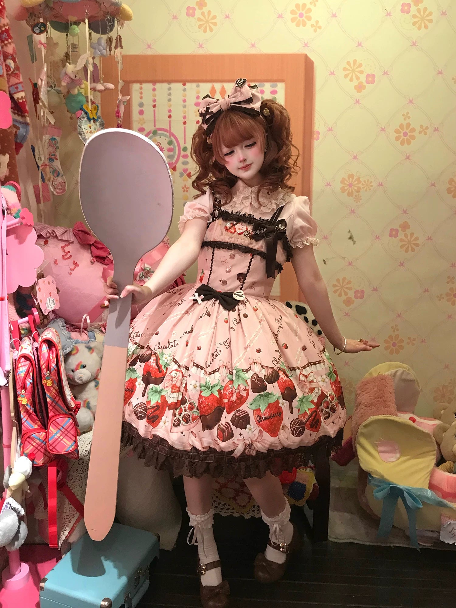 Strawberry Chocolate Lovers - Kawaii Lolita Embroidered Dress, Strawberry & Chocolate Print