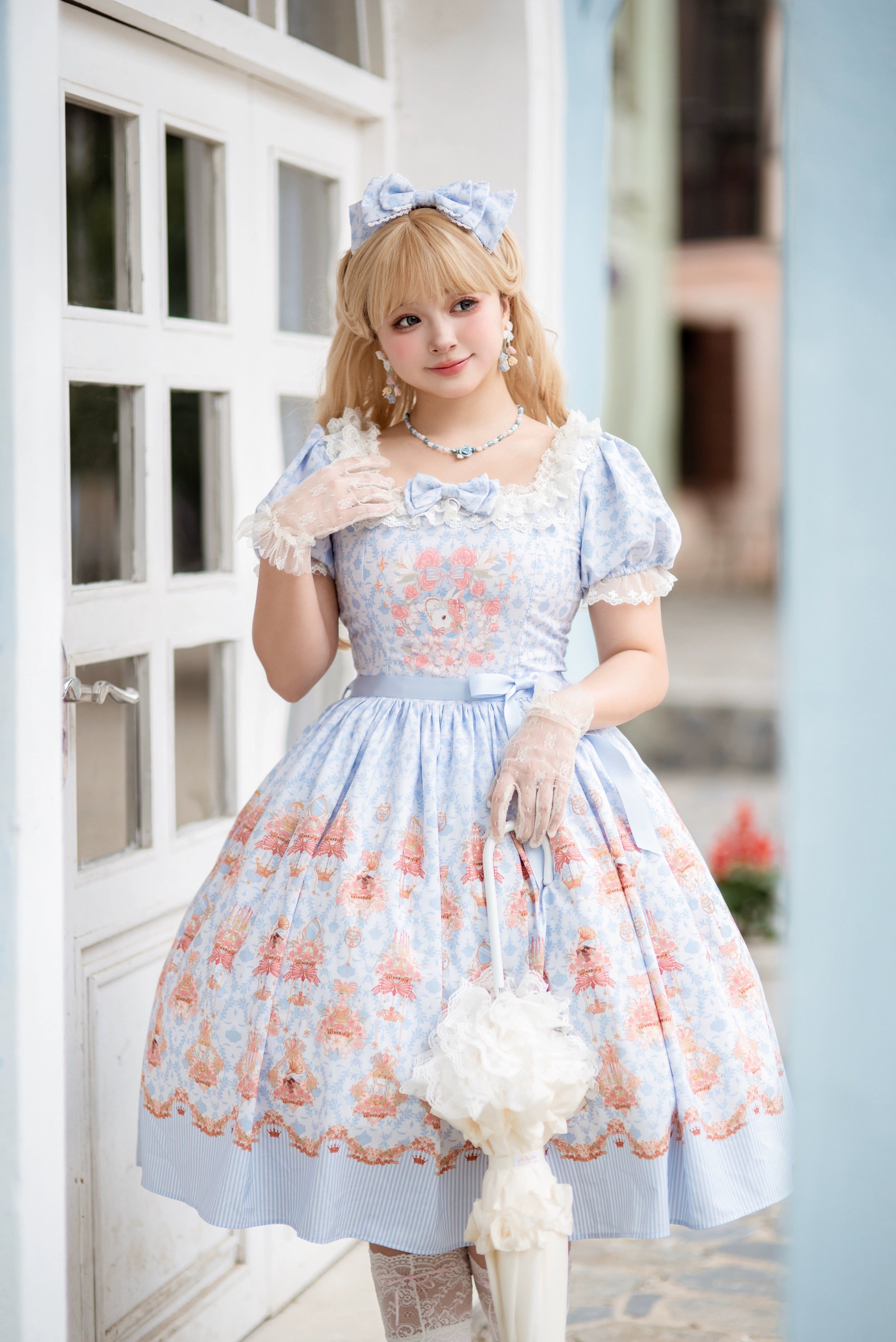 Strawberry Witch - Rose Garden Bunny - Daily Lolita Rose Bunny Printing OP JSK Dress Set M sky blue OP