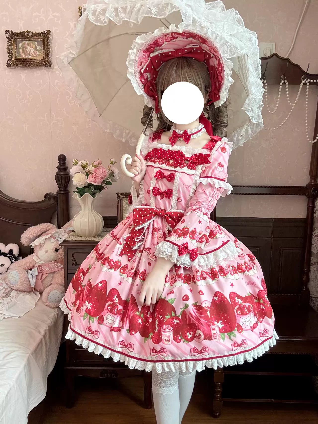 Peach Bunny - Strawberry Box - Sweet Lolita OP Dress, Strawberry Print 43994:791546